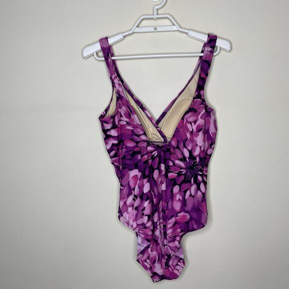 Miraclesuit Slimming One-Piece Swimsuit Pink Purple Floral Ruching Control Sz 8 - Picture 7 of 11